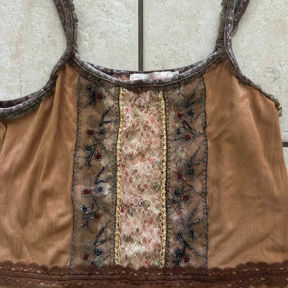 Y2k brown lace beaded assymetrical hem fairy cami tank top - Picture 4 of 6
